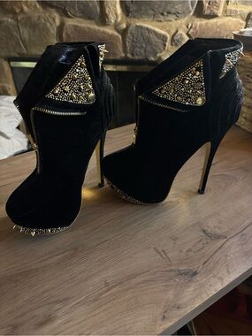 Alba Black Velvet Studded Platform Ankle Boots with Gold Accents